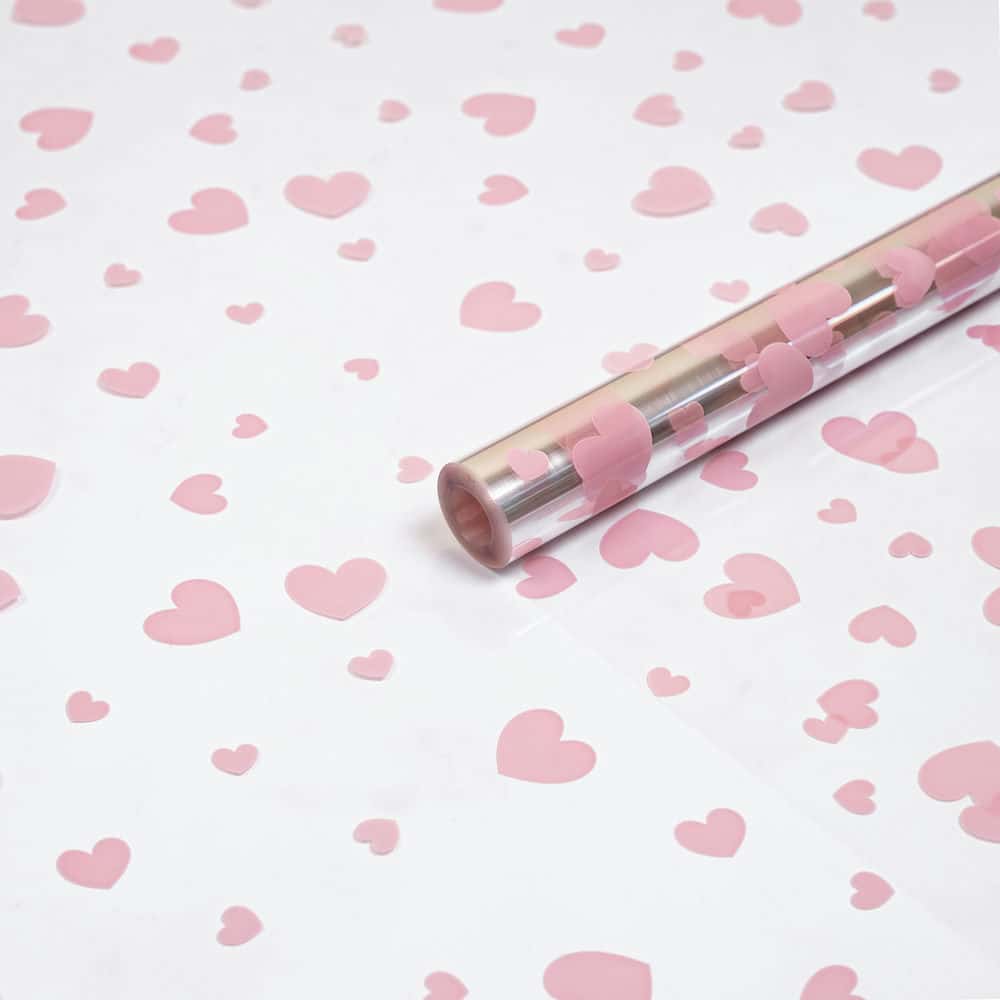 Пленка прозрачная с рисунком "Сердечки разные" Нежно-розовый 70см (200гр)