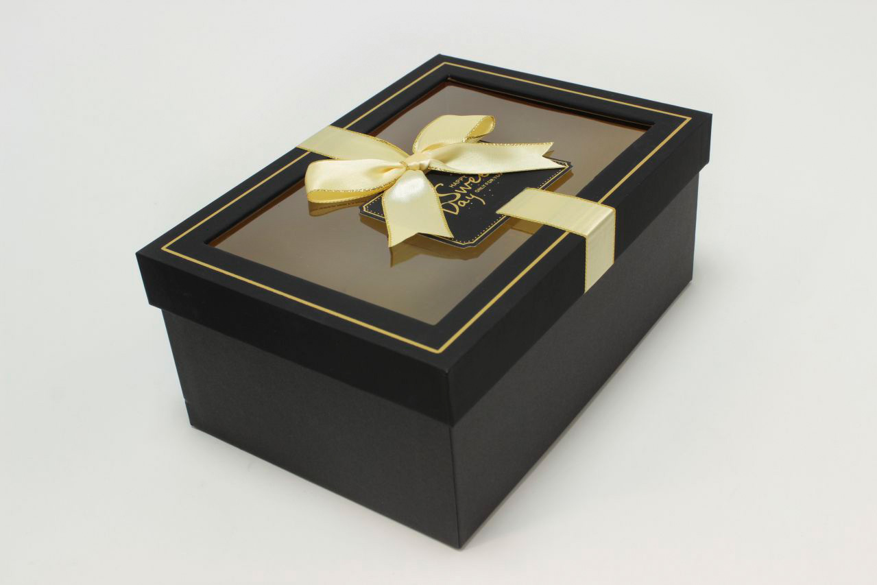 Коробка Прямоугольная с окошком и бантом "luxe" 22,5*16*9,5 см, Чёрный (Арт) 72091301/7-1