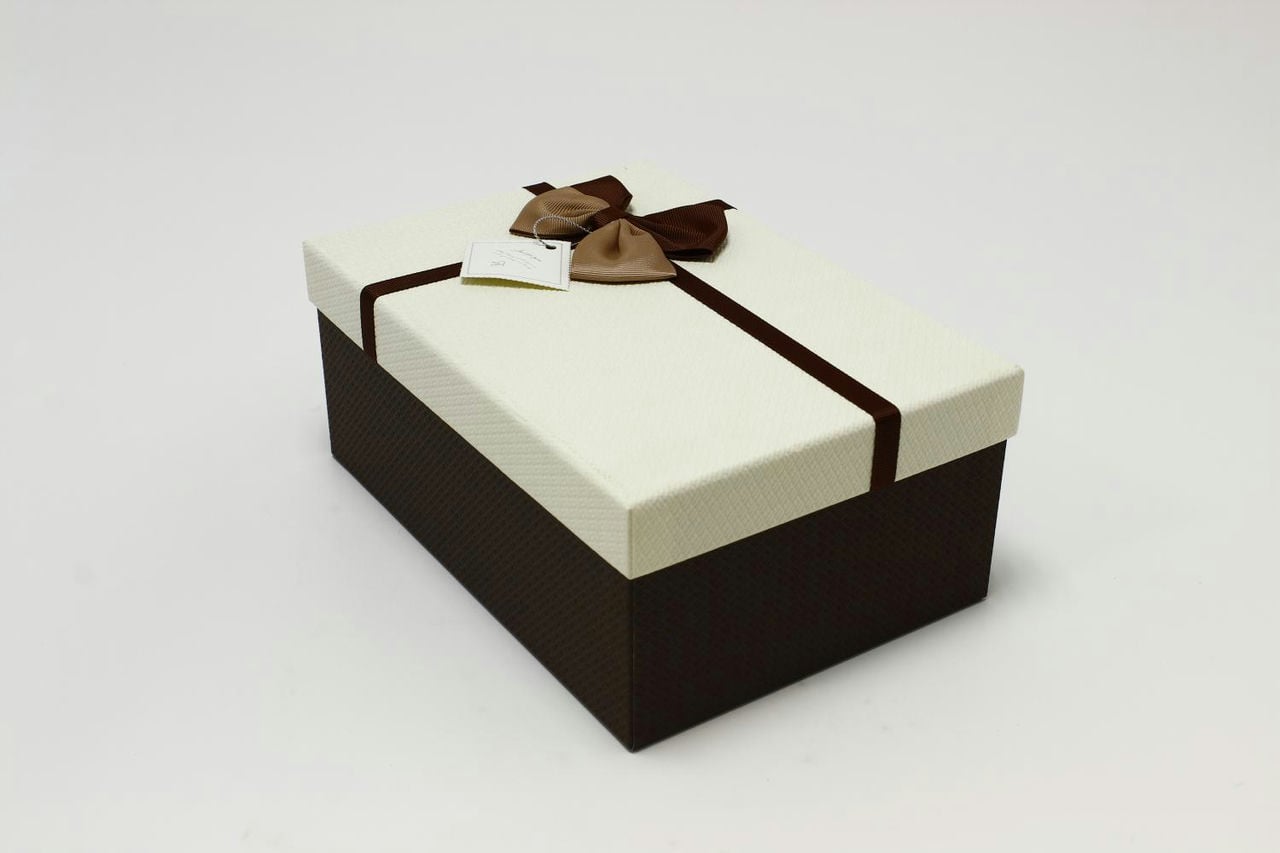 Коробка прямоугольник с бантом 23*16*9,5 см, коричневая/белая крышка (Арт) 720614/15-1Б