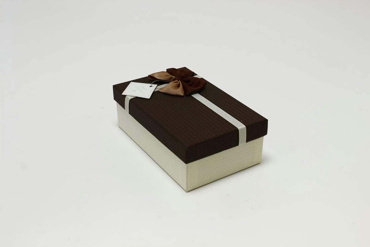 Коробка прямоугольник с бантом 19*12*6,6 см, белая/коричневая крышка (Арт) 720614/15-3А