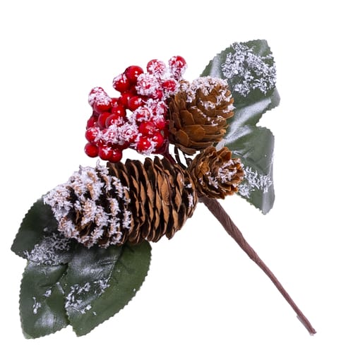 Декоративная ветка с заснеженными шишками и ягодами H18см