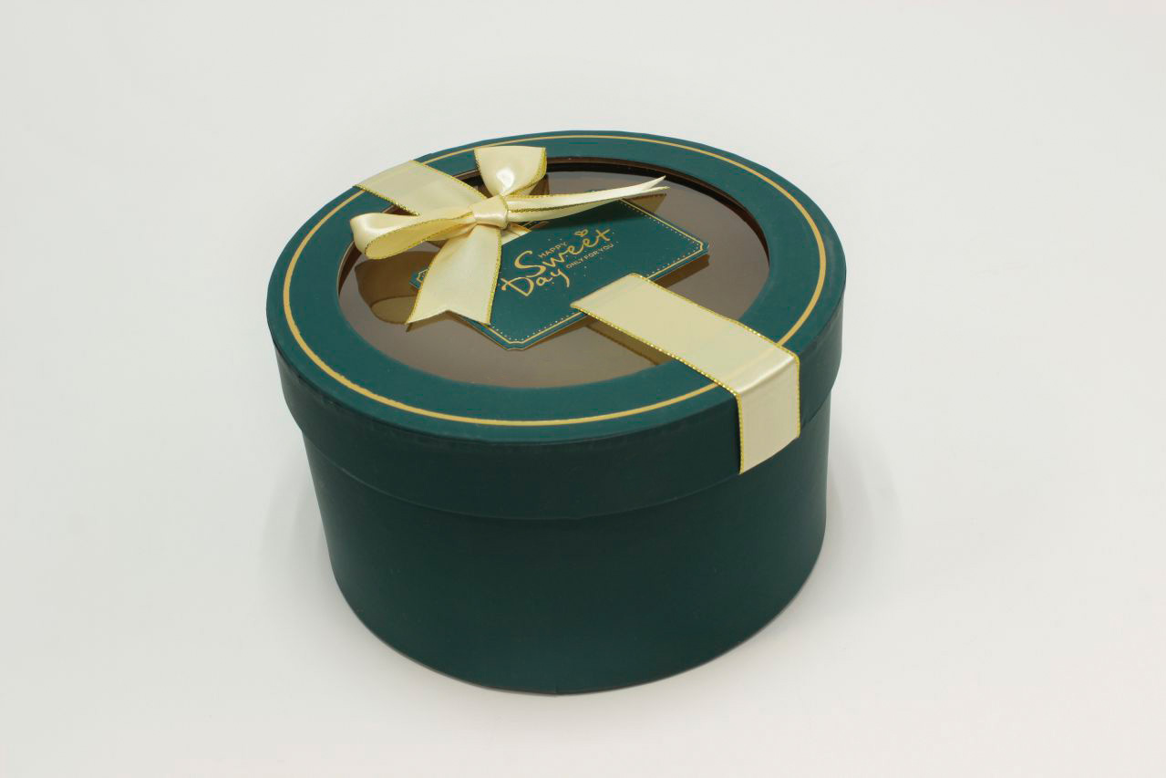 Коробка Круг с окошком и бантом "luxe" 18*10 см, Синевато-зелёный (Арт) 72093302/3-2