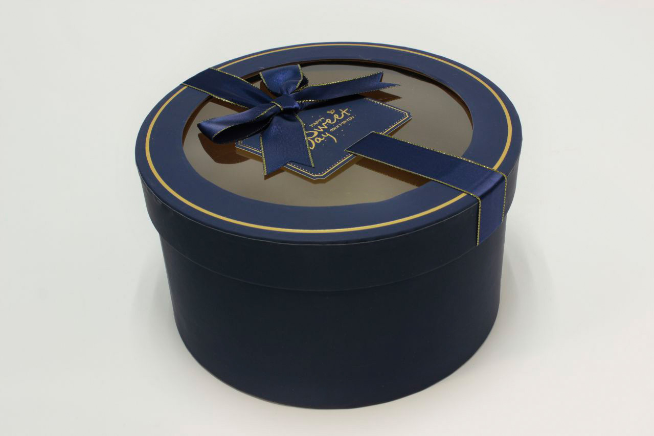 Коробка Круг с окошком и бантом "luxe" 21*11,5 см, Тёмно-синий (Арт) 72093302/4-1